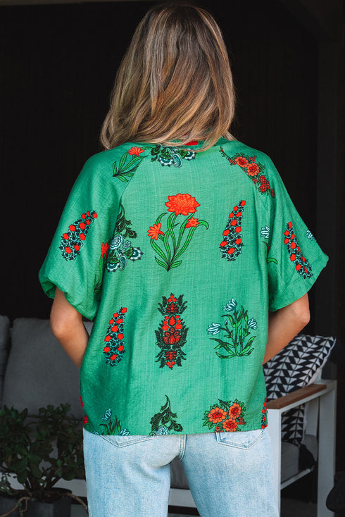 Floral Button Front Short Sleeve V Neck Blouse