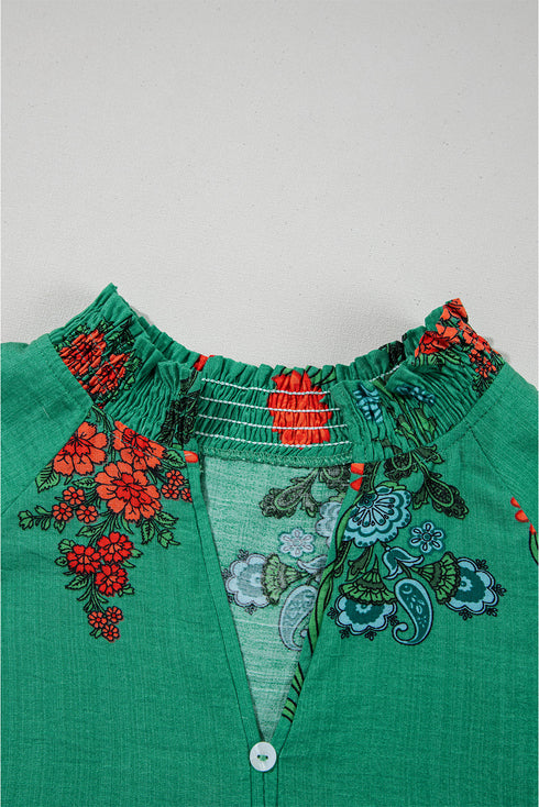 Floral Button Front Short Sleeve V Neck Blouse