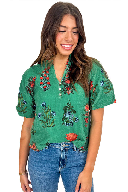 Floral Button Front Short Sleeve V Neck Blouse