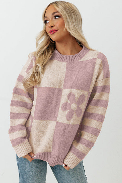 Floral Checkerboard And Striped Sleeve Pullover Sweater