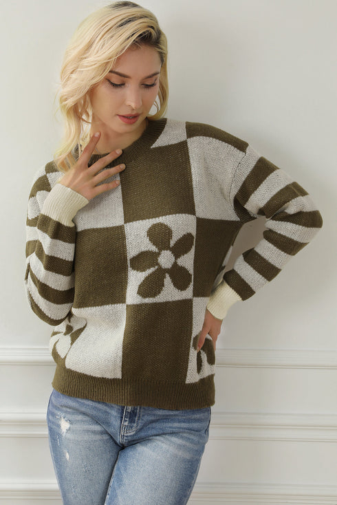 Floral Checkerboard And Striped Sleeve Pullover Sweater