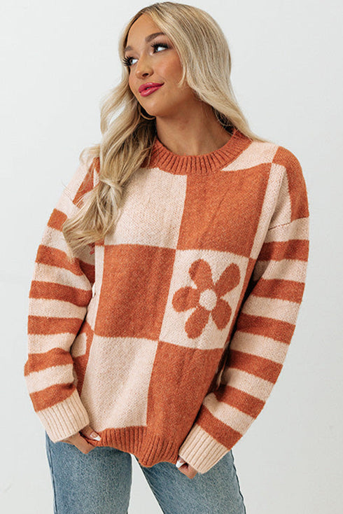Floral Checkerboard And Striped Sleeve Pullover Sweater