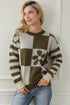 Floral Checkerboard And Striped Sleeve Pullover Sweater