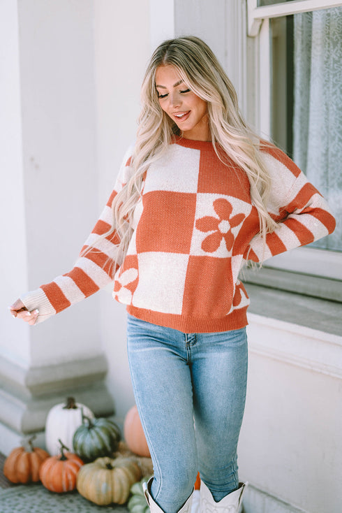 Floral Checkerboard And Striped Sleeve Pullover Sweater