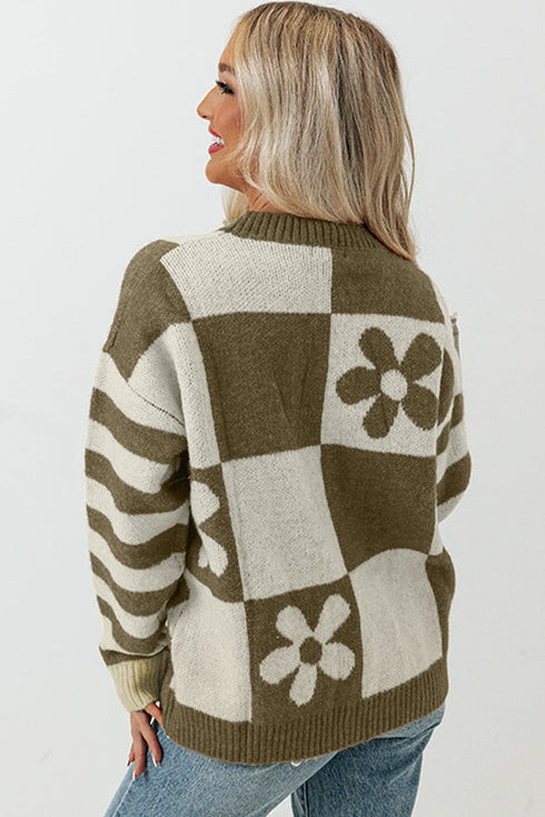 Floral Checkerboard And Striped Sleeve Pullover Sweater