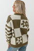 Floral Checkerboard And Striped Sleeve Pullover Sweater