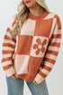 Floral Checkerboard And Striped Sleeve Pullover Sweater