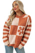 Floral Checkerboard And Striped Sleeve Pullover Sweater