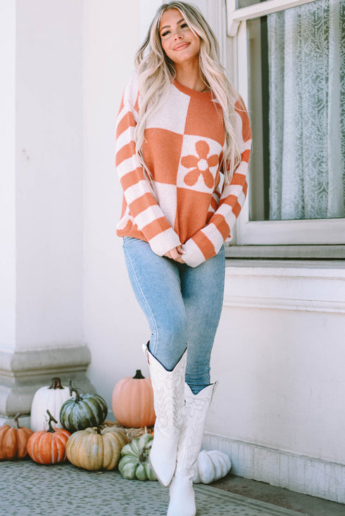 Floral Checkerboard And Striped Sleeve Pullover Sweater