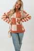Floral Checkerboard And Striped Sleeve Pullover Sweater
