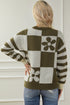 Floral Checkerboard And Striped Sleeve Pullover Sweater