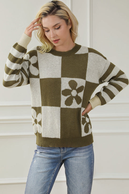 Floral Checkerboard And Striped Sleeve Pullover Sweater