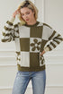 Floral Checkerboard And Striped Sleeve Pullover Sweater