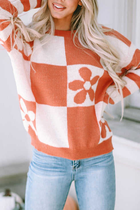 Floral Checkerboard And Striped Sleeve Pullover Sweater