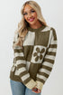 Floral Checkerboard And Striped Sleeve Pullover Sweater