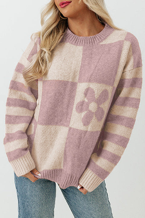 Floral Checkerboard And Striped Sleeve Pullover Sweater