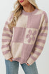 Floral Checkerboard And Striped Sleeve Pullover Sweater