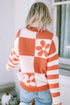 Floral Checkerboard And Striped Sleeve Pullover Sweater