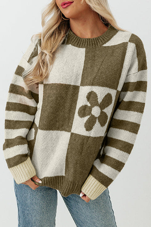 Floral Checkerboard And Striped Sleeve Pullover Sweater