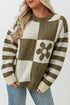 Floral Checkerboard And Striped Sleeve Pullover Sweater
