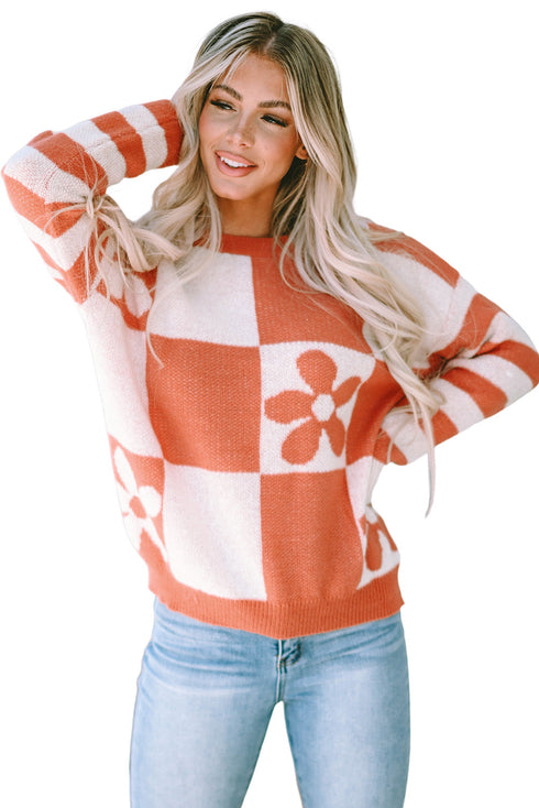 Floral Checkerboard And Striped Sleeve Pullover Sweater