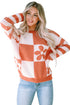 Floral Checkerboard And Striped Sleeve Pullover Sweater
