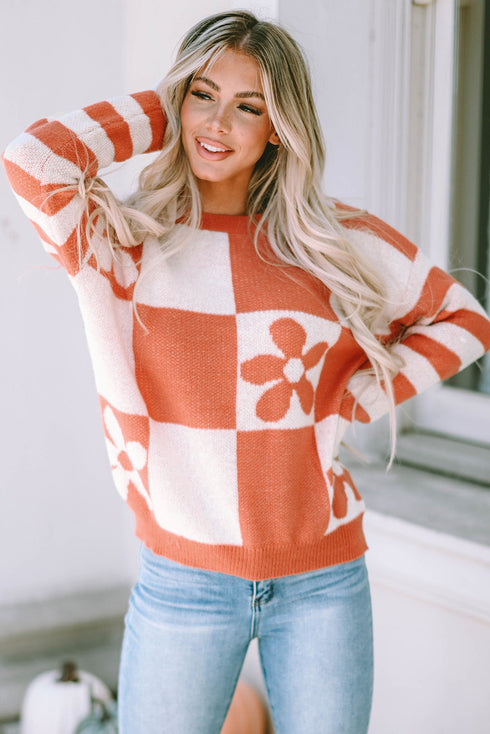 Floral Checkerboard And Striped Sleeve Pullover Sweater