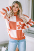 Floral Checkerboard And Striped Sleeve Pullover Sweater