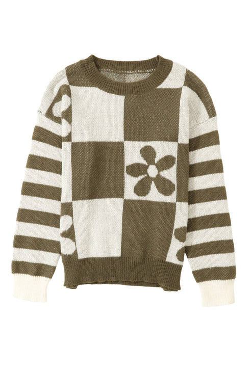 Floral Checkerboard And Striped Sleeve Pullover Sweater