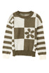 Floral Checkerboard And Striped Sleeve Pullover Sweater
