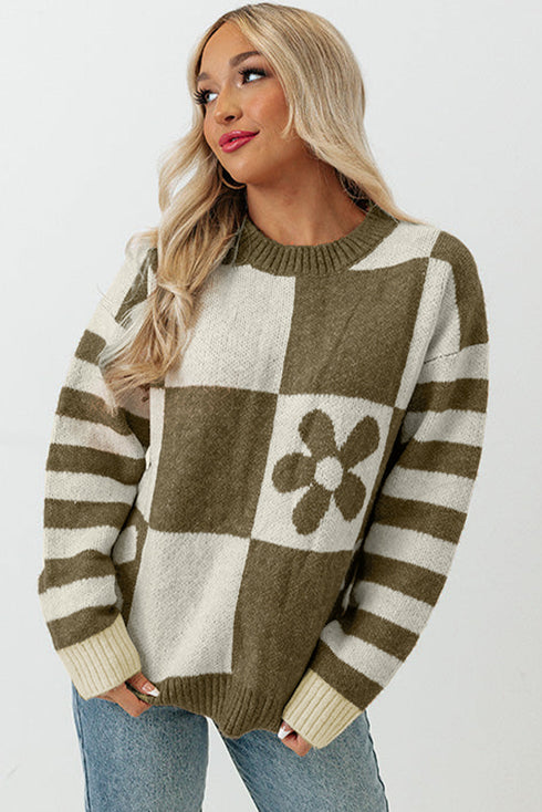 Floral Checkerboard And Striped Sleeve Pullover Sweater