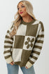 Floral Checkerboard And Striped Sleeve Pullover Sweater