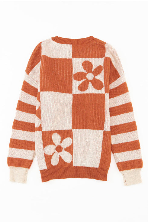 Floral Checkerboard And Striped Sleeve Pullover Sweater
