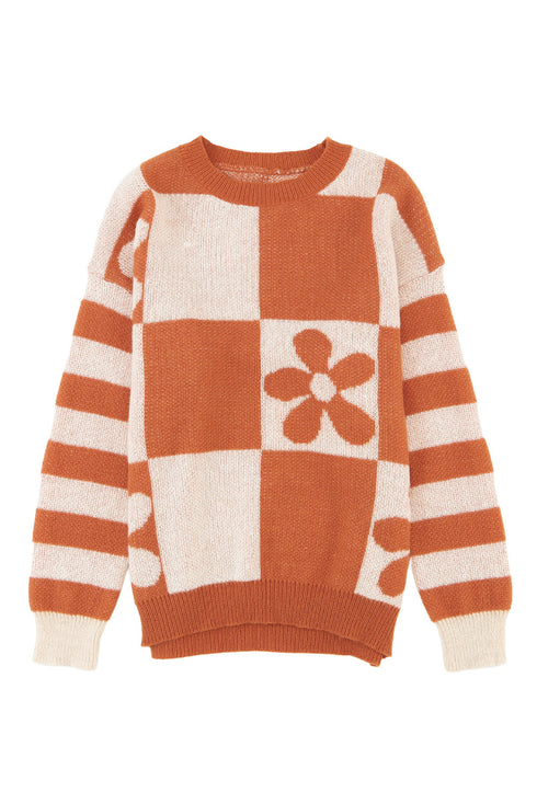 Floral Checkerboard And Striped Sleeve Pullover Sweater