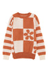 Floral Checkerboard And Striped Sleeve Pullover Sweater