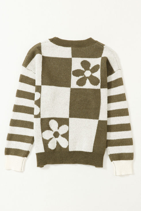 Floral Checkerboard And Striped Sleeve Pullover Sweater