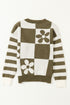 Floral Checkerboard And Striped Sleeve Pullover Sweater