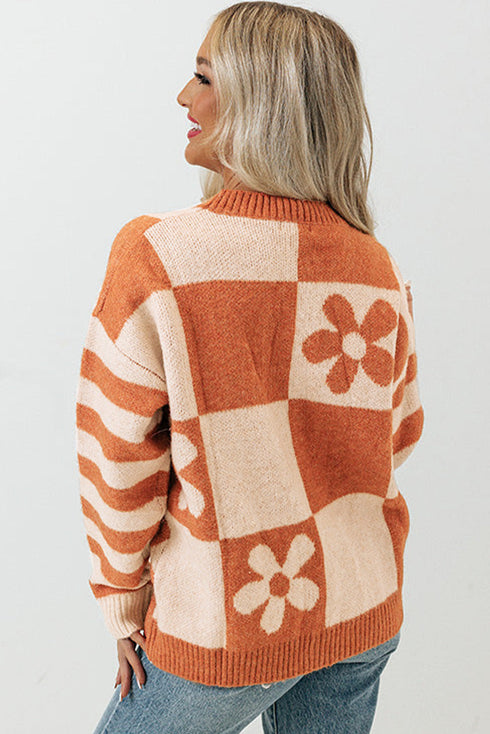 Floral Checkerboard And Striped Sleeve Pullover Sweater