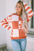 Floral Checkerboard And Striped Sleeve Pullover Sweater