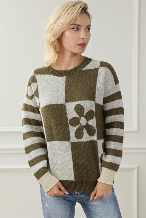 Floral Checkerboard And Striped Sleeve Pullover Sweater