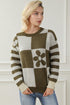 Floral Checkerboard And Striped Sleeve Pullover Sweater