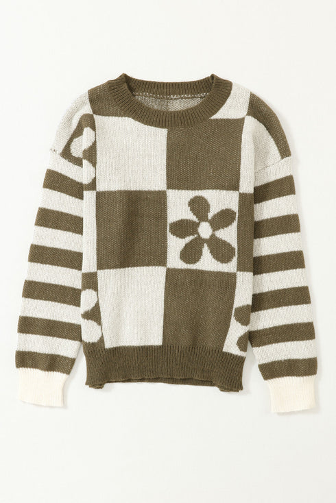 Floral Checkerboard And Striped Sleeve Pullover Sweater