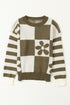 Floral Checkerboard And Striped Sleeve Pullover Sweater