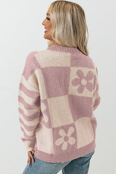Floral Checkerboard And Striped Sleeve Pullover Sweater