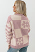 Floral Checkerboard And Striped Sleeve Pullover Sweater
