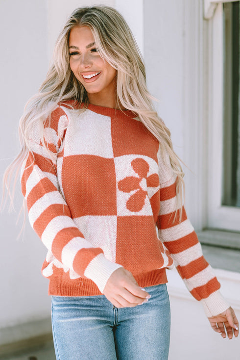 Floral Checkerboard And Striped Sleeve Pullover Sweater