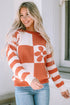 Floral Checkerboard And Striped Sleeve Pullover Sweater