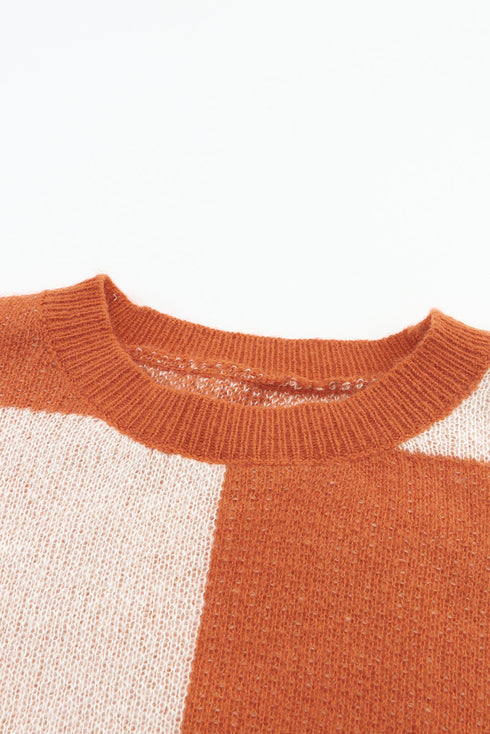 Floral Checkerboard And Striped Sleeve Pullover Sweater