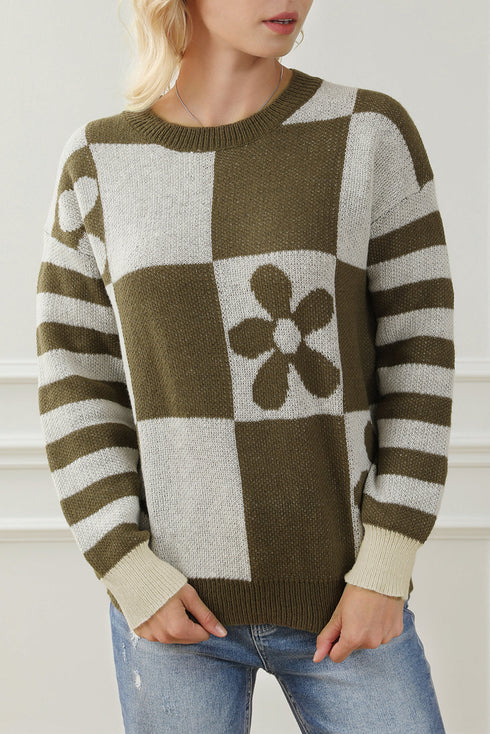 Floral Checkerboard And Striped Sleeve Pullover Sweater