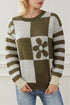 Floral Checkerboard And Striped Sleeve Pullover Sweater